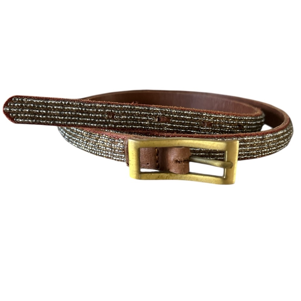 Motif 56 Seed Bead Covered Thin Leather Belt with Brass Rectangle Buckle - Large